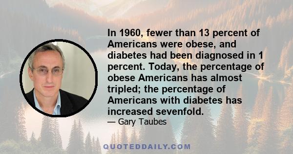 In 1960, fewer than 13 percent of Americans were obese, and diabetes had been diagnosed in 1 percent. Today, the percentage of obese Americans has almost tripled; the percentage of Americans with diabetes has increased