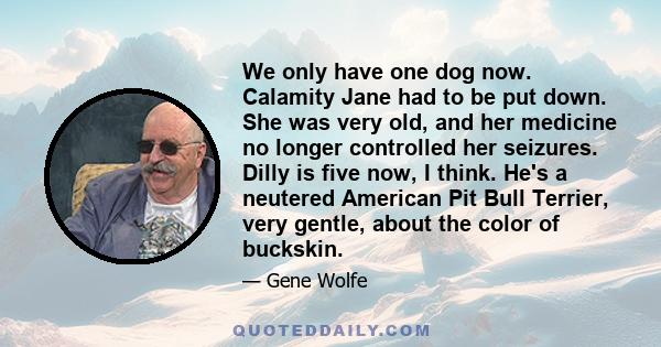 We only have one dog now. Calamity Jane had to be put down. She was very old, and her medicine no longer controlled her seizures. Dilly is five now, I think. He's a neutered American Pit Bull Terrier, very gentle, about