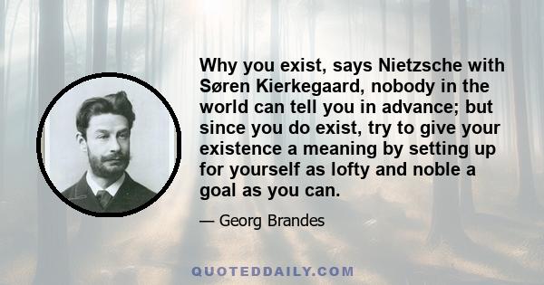 Why you exist, says Nietzsche with Søren Kierkegaard, nobody in the world can tell you in advance; but since you do exist, try to give your existence a meaning by setting up for yourself as lofty and noble a goal as you