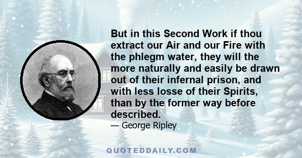 But in this Second Work if thou extract our Air and our Fire with the phlegm water, they will the more naturally and easily be drawn out of their infernal prison, and with less losse of their Spirits, than by the former