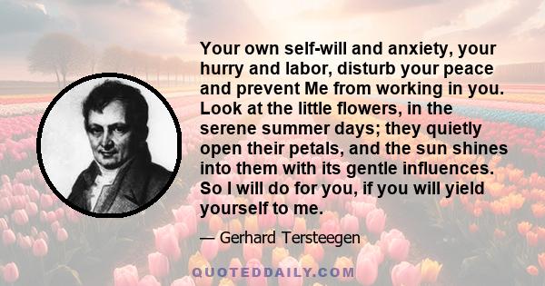 Your own self-will and anxiety, your hurry and labor, disturb your peace and prevent Me from working in you. Look at the little flowers, in the serene summer days; they quietly open their petals, and the sun shines into