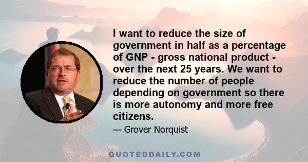I want to reduce the size of government in half as a percentage of GNP - gross national product - over the next 25 years. We want to reduce the number of people depending on government so there is more autonomy and more