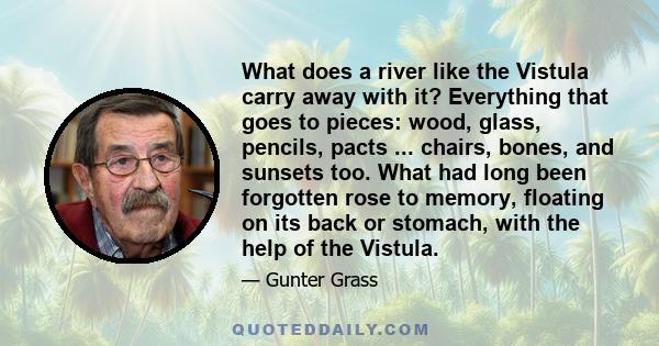 What does a river like the Vistula carry away with it? Everything that goes to pieces: wood, glass, pencils, pacts ... chairs, bones, and sunsets too. What had long been forgotten rose to memory, floating on its back or