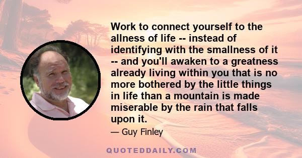 Work to connect yourself to the allness of life -- instead of identifying with the smallness of it -- and you'll awaken to a greatness already living within you that is no more bothered by the little things in life than