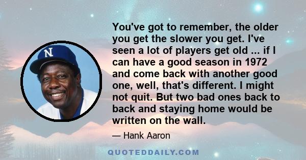 You've got to remember, the older you get the slower you get. I've seen a lot of players get old ... if I can have a good season in 1972 and come back with another good one, well, that's different. I might not quit. But