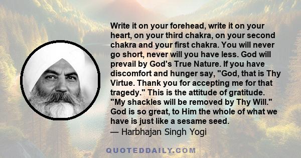 Write it on your forehead, write it on your heart, on your third chakra, on your second chakra and your first chakra. You will never go short, never will you have less. God will prevail by God's True Nature. If you have