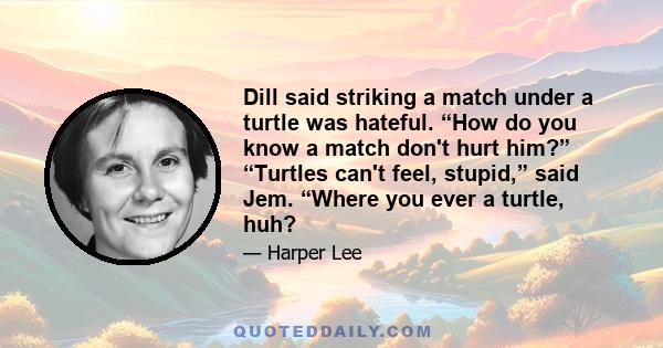 Dill said striking a match under a turtle was hateful. “How do you know a match don't hurt him?” “Turtles can't feel, stupid,” said Jem. “Where you ever a turtle, huh?