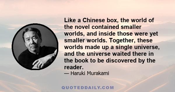 Like a Chinese box, the world of the novel contained smaller worlds, and inside those were yet smaller worlds. Together, these worlds made up a single universe, and the universe waited there in the book to be discovered