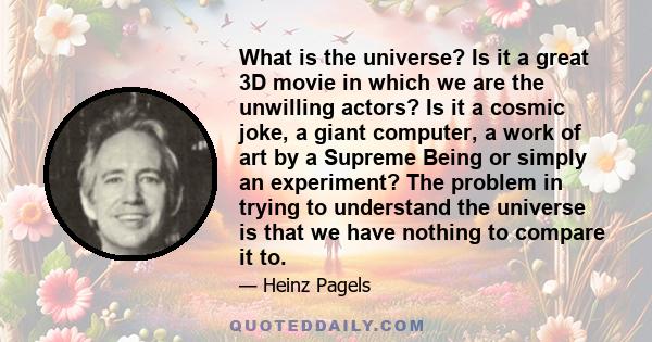 What is the universe? Is it a great 3D movie in which we are the unwilling actors? Is it a cosmic joke, a giant computer, a work of art by a Supreme Being or simply an experiment? The problem in trying to understand the