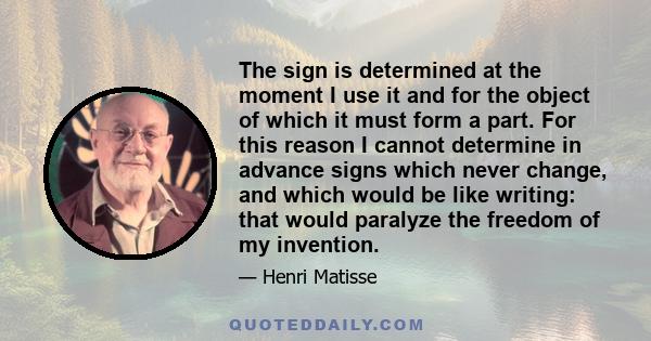 The sign is determined at the moment I use it and for the object of which it must form a part. For this reason I cannot determine in advance signs which never change, and which would be like writing: that would paralyze