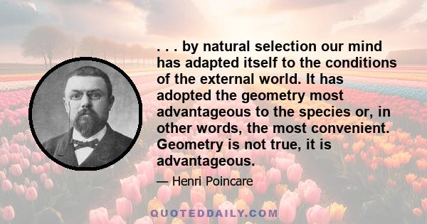 . . . by natural selection our mind has adapted itself to the conditions of the external world. It has adopted the geometry most advantageous to the species or, in other words, the most convenient. Geometry is not true,