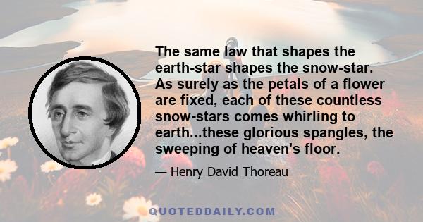 The same law that shapes the earth-star shapes the snow-star. As surely as the petals of a flower are fixed, each of these countless snow-stars comes whirling to earth...these glorious spangles, the sweeping of heaven's