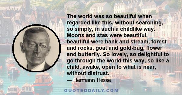 The world was so beautiful when regarded like this, without searching, so simply, in such a childlike way. Moons and stas were beautiful, beautiful were bank and stream, forest and rocks, goat and gold-bug, flower and