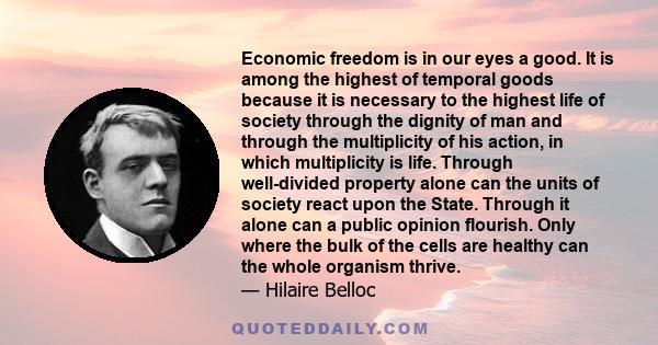 Economic freedom is in our eyes a good. It is among the highest of temporal goods because it is necessary to the highest life of society through the dignity of man and through the multiplicity of his action, in which