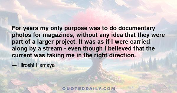 For years my only purpose was to do documentary photos for magazines, without any idea that they were part of a larger project. It was as if I were carried along by a stream - even though I believed that the current was