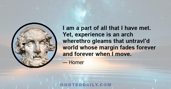 I am a part of all that I have met. Yet, experience is an arch wherethro gleams that untravl'd world whose margin fades forever and forever when I move.