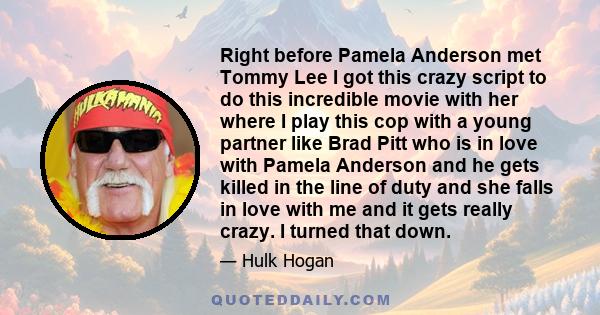 Right before Pamela Anderson met Tommy Lee I got this crazy script to do this incredible movie with her where I play this cop with a young partner like Brad Pitt who is in love with Pamela Anderson and he gets killed in