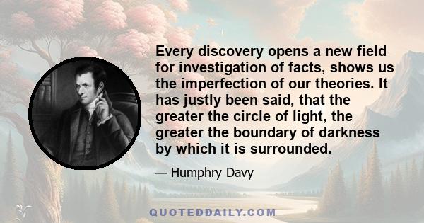 Every discovery opens a new field for investigation of facts, shows us the imperfection of our theories. It has justly been said, that the greater the circle of light, the greater the boundary of darkness by which it is