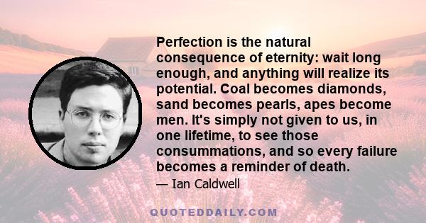 Perfection is the natural consequence of eternity: wait long enough, and anything will realize its potential. Coal becomes diamonds, sand becomes pearls, apes become men. It's simply not given to us, in one lifetime, to