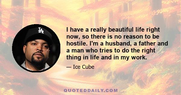I have a really beautiful life right now, so there is no reason to be hostile. I'm a husband, a father and a man who tries to do the right thing in life and in my work.