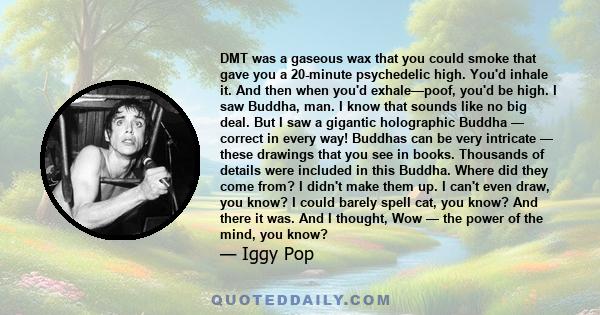 DMT was a gaseous wax that you could smoke that gave you a 20-minute psychedelic high. You'd inhale it. And then when you'd exhale—poof, you'd be high. I saw Buddha, man. I know that sounds like no big deal. But I saw a