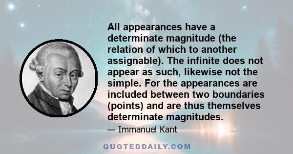 All appearances have a determinate magnitude (the relation of which to another assignable). The infinite does not appear as such, likewise not the simple. For the appearances are included between two boundaries (points)