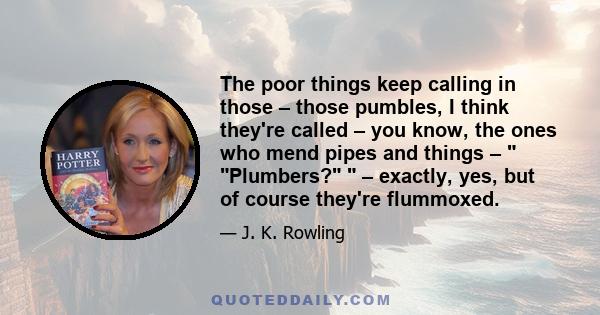 The poor things keep calling in those – those pumbles, I think they're called – you know, the ones who mend pipes and things – Plumbers? – exactly, yes, but of course they're flummoxed.