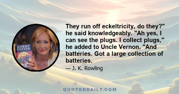 They run off eckeltricity, do they? he said knowledgeably. Ah yes, I can see the plugs. I collect plugs, he added to Uncle Vernon. And batteries. Got a large collection of batteries.
