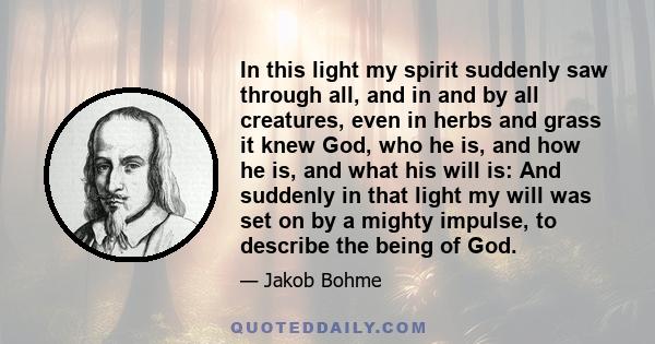 In this light my spirit suddenly saw through all, and in and by all creatures, even in herbs and grass it knew God, who he is, and how he is, and what his will is: And suddenly in that light my will was set on by a