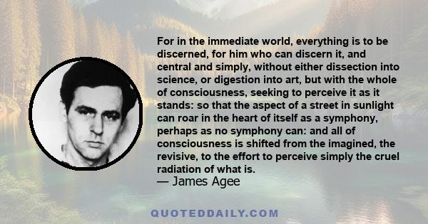 For in the immediate world, everything is to be discerned, for him who can discern it, and central and simply, without either dissection into science, or digestion into art, but with the whole of consciousness, seeking