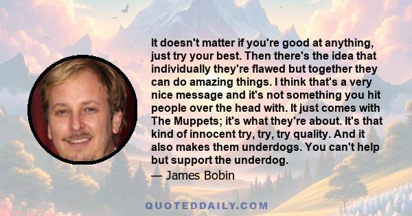 It doesn't matter if you're good at anything, just try your best. Then there's the idea that individually they're flawed but together they can do amazing things. I think that's a very nice message and it's not something