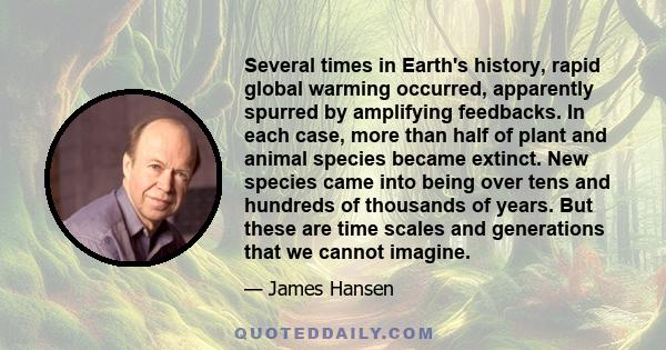 Several times in Earth's history, rapid global warming occurred, apparently spurred by amplifying feedbacks. In each case, more than half of plant and animal species became extinct. New species came into being over tens