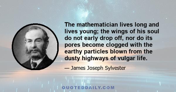 The mathematician lives long and lives young; the wings of his soul do not early drop off, nor do its pores become clogged with the earthy particles blown from the dusty highways of vulgar life.