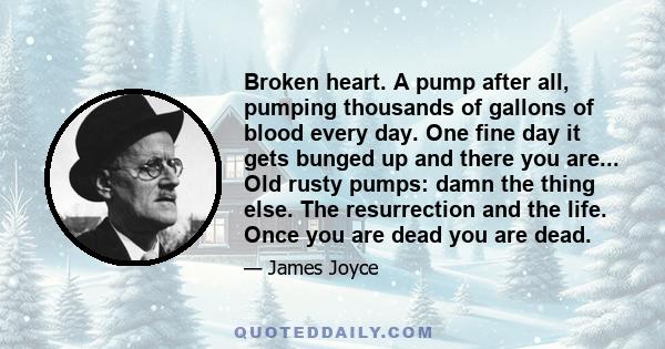 Broken heart. A pump after all, pumping thousands of gallons of blood every day. One fine day it gets bunged up and there you are... Old rusty pumps: damn the thing else. The resurrection and the life. Once you are dead