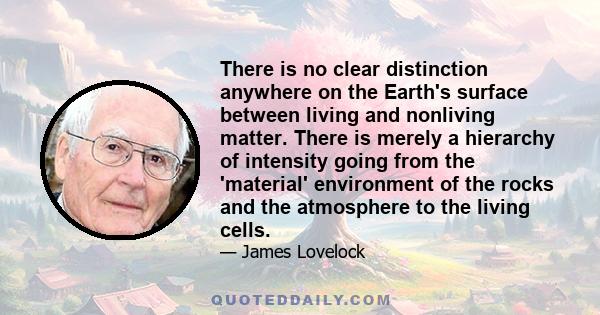 There is no clear distinction anywhere on the Earth's surface between living and nonliving matter. There is merely a hierarchy of intensity going from the 'material' environment of the rocks and the atmosphere to the