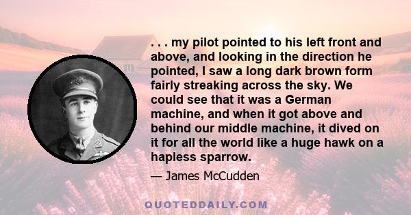 . . . my pilot pointed to his left front and above, and looking in the direction he pointed, I saw a long dark brown form fairly streaking across the sky. We could see that it was a German machine, and when it got above