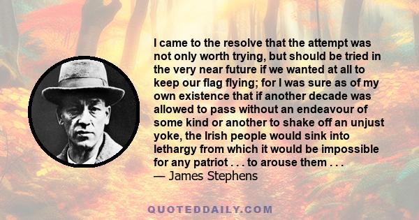 I came to the resolve that the attempt was not only worth trying, but should be tried in the very near future if we wanted at all to keep our flag flying; for I was sure as of my own existence that if another decade was