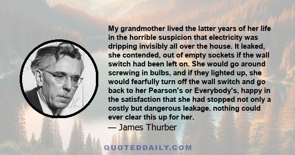 My grandmother lived the latter years of her life in the horrible suspicion that electricity was dripping invisibly all over the house. It leaked, she contended, out of empty sockets if the wall switch had been left on.