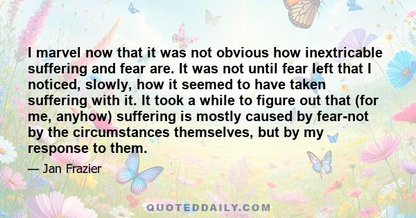 I marvel now that it was not obvious how inextricable suffering and fear are. It was not until fear left that I noticed, slowly, how it seemed to have taken suffering with it. It took a while to figure out that (for me,