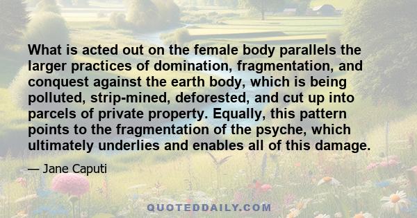 What is acted out on the female body parallels the larger practices of domination, fragmentation, and conquest against the earth body, which is being polluted, strip-mined, deforested, and cut up into parcels of private