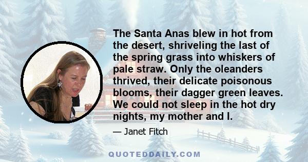 The Santa Anas blew in hot from the desert, shriveling the last of the spring grass into whiskers of pale straw. Only the oleanders thrived, their delicate poisonous blooms, their dagger green leaves. We could not sleep