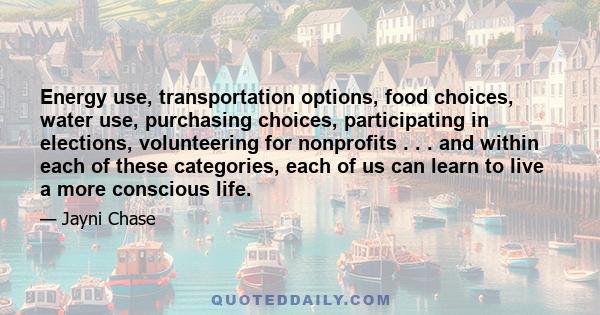 Energy use, transportation options, food choices, water use, purchasing choices, participating in elections, volunteering for nonprofits . . . and within each of these categories, each of us can learn to live a more