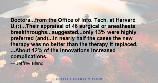 Doctors...from the Office of Info. Tech. at Harvard U.(:)...Their appraisal of 46 surgical or anesthesia breakthroughs...suggested...only 13% were highly preferred (and)...in nearly half the cases the new therapy was no