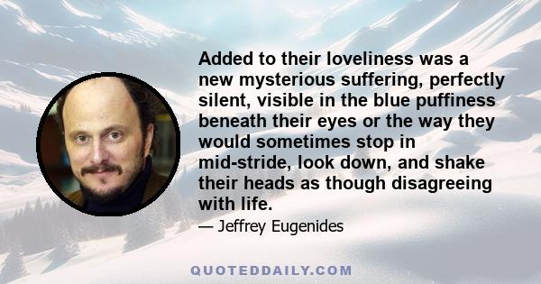 Added to their loveliness was a new mysterious suffering, perfectly silent, visible in the blue puffiness beneath their eyes or the way they would sometimes stop in mid-stride, look down, and shake their heads as though