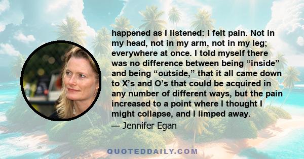 happened as I listened: I felt pain. Not in my head, not in my arm, not in my leg; everywhere at once. I told myself there was no difference between being “inside” and being “outside,” that it all came down to X’s and