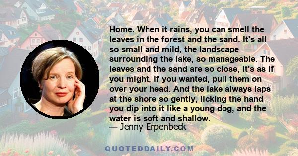 Home. When it rains, you can smell the leaves in the forest and the sand. It's all so small and mild, the landscape surrounding the lake, so manageable. The leaves and the sand are so close, it's as if you might, if you