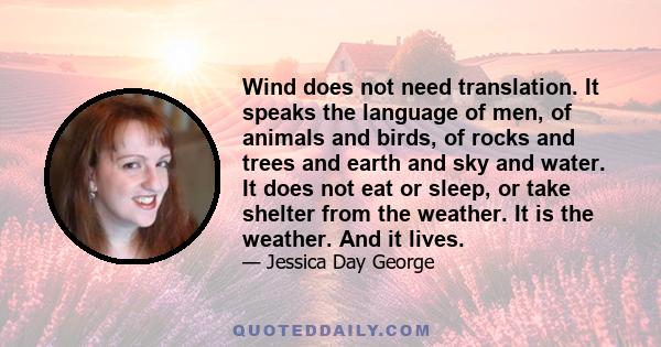 Wind does not need translation. It speaks the language of men, of animals and birds, of rocks and trees and earth and sky and water. It does not eat or sleep, or take shelter from the weather. It is the weather. And it