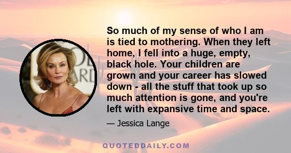 So much of my sense of who I am is tied to mothering. When they left home, I fell into a huge, empty, black hole. Your children are grown and your career has slowed down - all the stuff that took up so much attention is