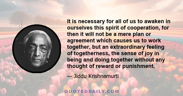 It is necessary for all of us to awaken in ourselves this spirit of cooperation, for then it will not be a mere plan or agreement which causes us to work together, but an extraordinary feeling of togetherness, the sense