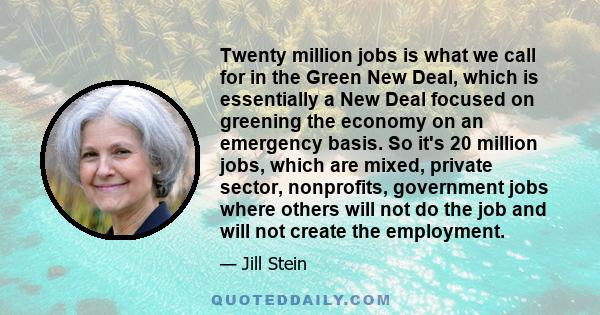 Twenty million jobs is what we call for in the Green New Deal, which is essentially a New Deal focused on greening the economy on an emergency basis. So it's 20 million jobs, which are mixed, private sector, nonprofits,